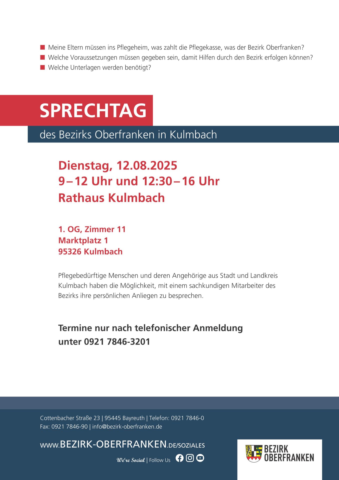 Sprechtag zur Pflegehilfe des Bezirks Oberfranken am 12.8.2025 in Kulmbach